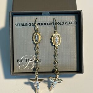 14K Gold Plated Sterling Silver Two-Tone Rosary Adults Earrings 2.5” New